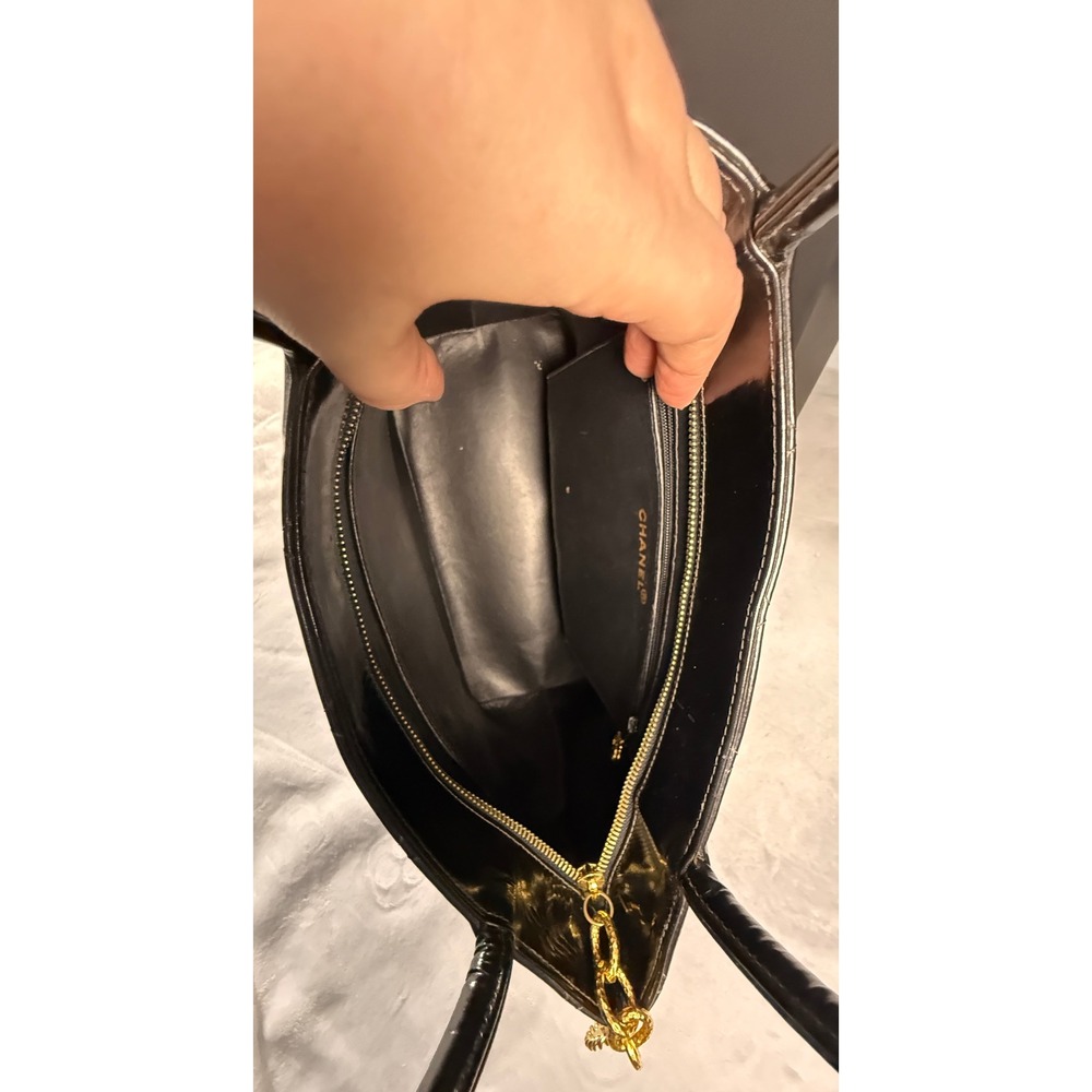 Chanel Black Patent Leather Quilted CC 24k Charm Tote Bag w/ Poshmark COA - Picture 16 of 16